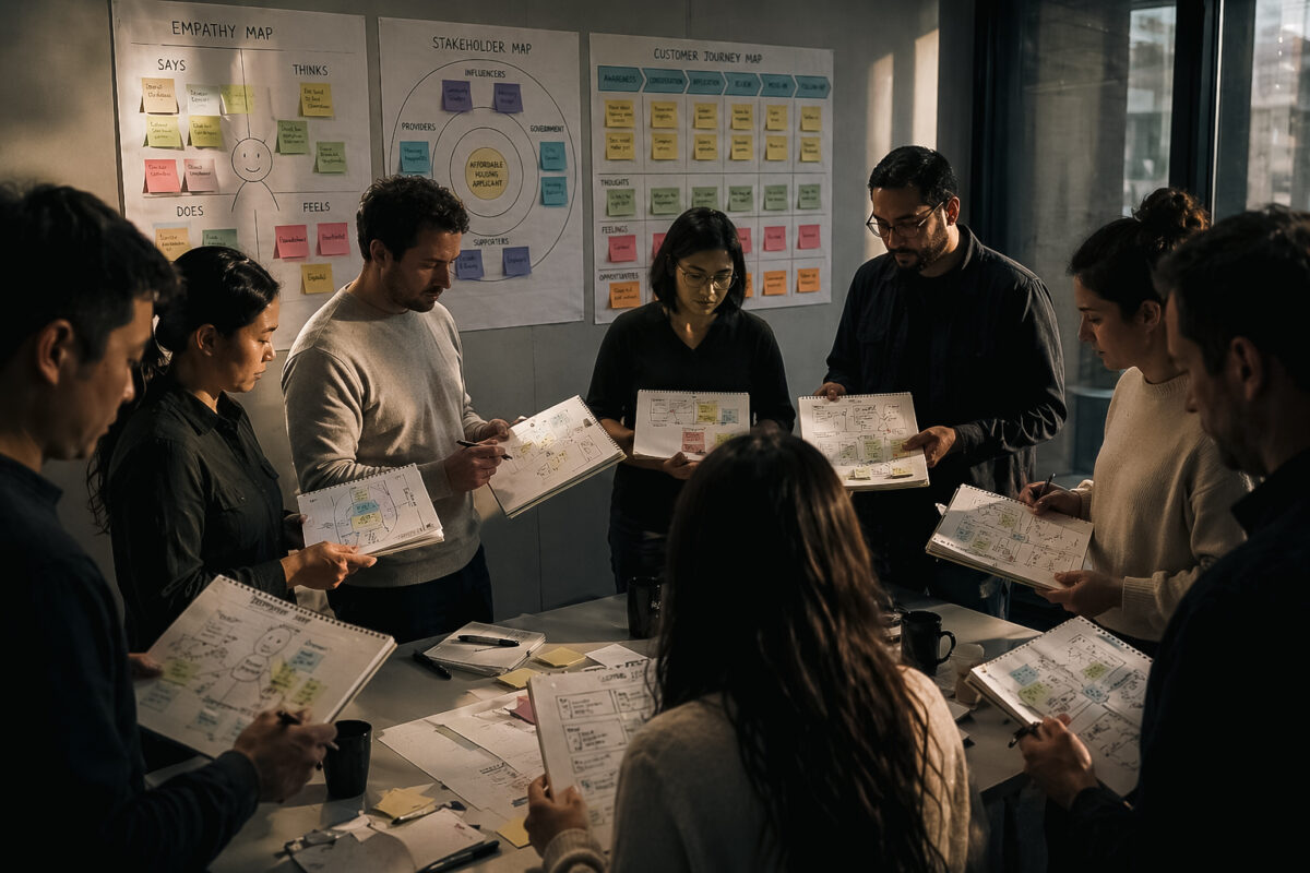 Team of professionals standing in a circle reviewing customer journey maps and empathy diagrams during a collaborative workshop.