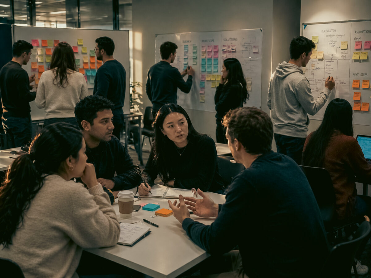 Group of professionals collaborating around a table with sticky notes and whiteboards during a strategy and brainstorming session.