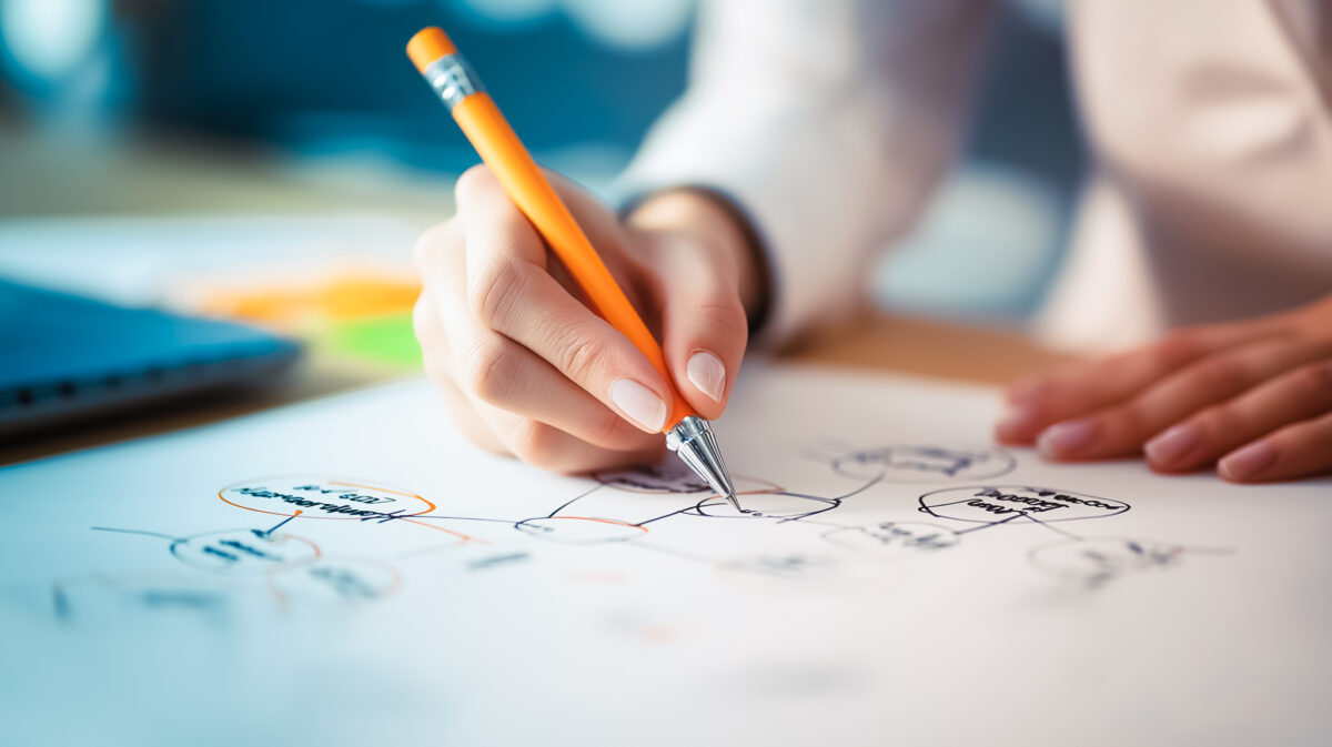 Close-up of hands annotating a framework diagram, representing the precision required in designing effective leadership development conditions.