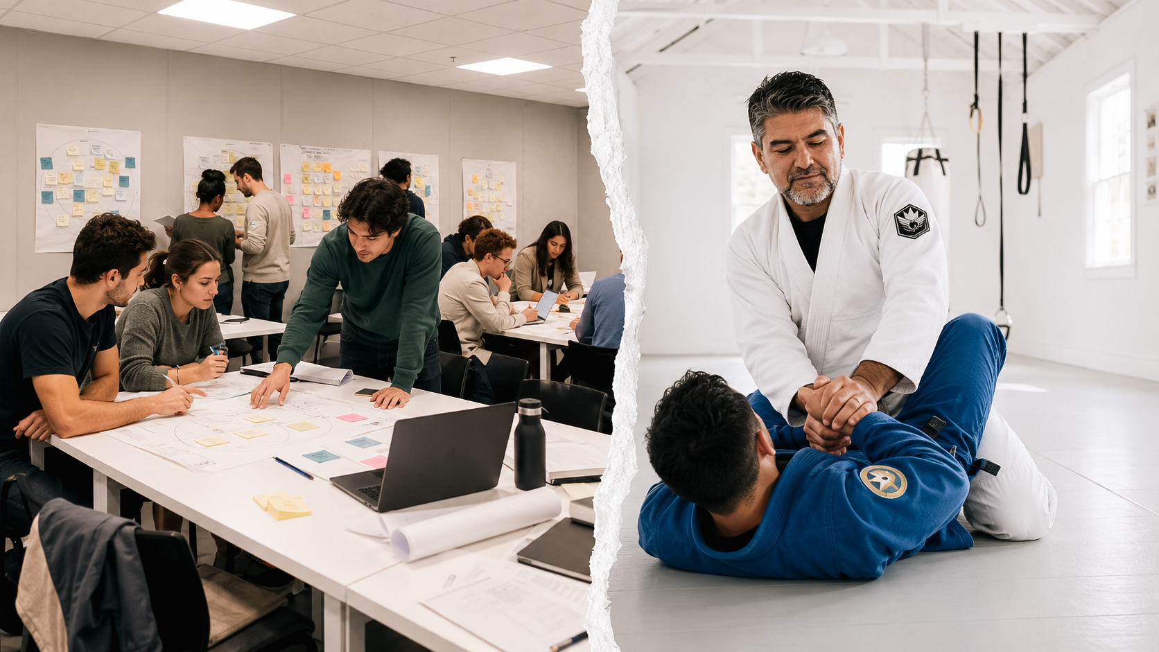 A split image showing a demanding workshop session on the left and a BJJ coach instructing a student on the right, representing the parallel between structured challenge in learning and in martial arts training.