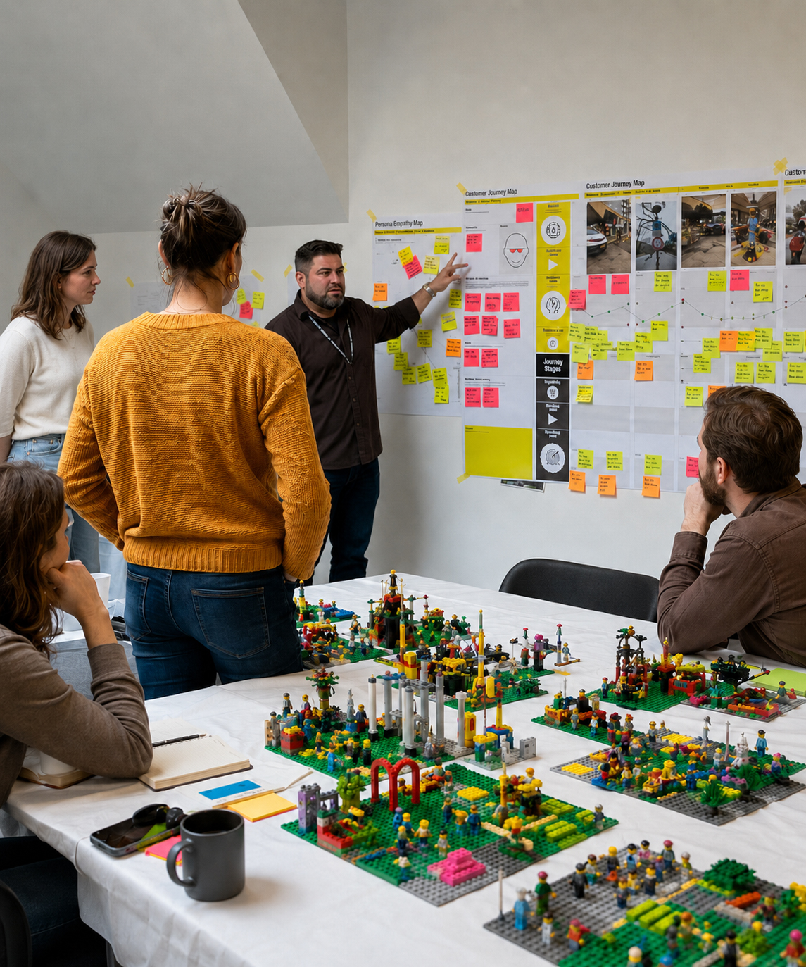 Facilitator presenting customer journey maps beside LEGO Serious Play models in a workshop.