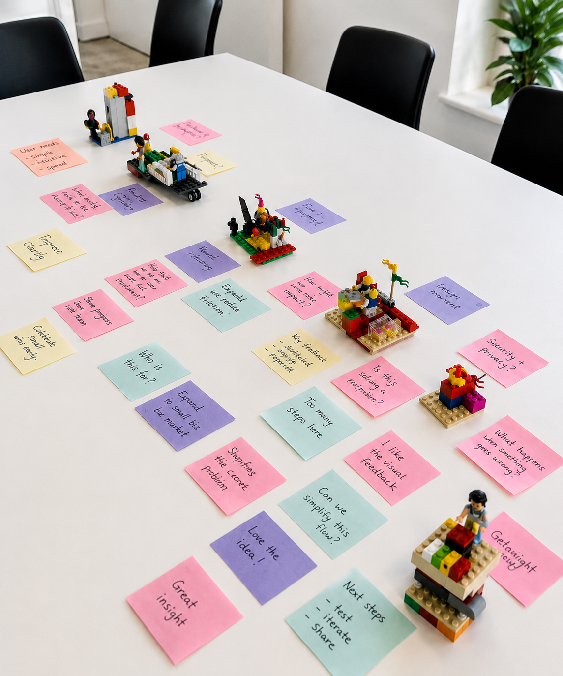 Individual LEGO Serious Play models with sticky notes from a Design Thinking ideation workshop.