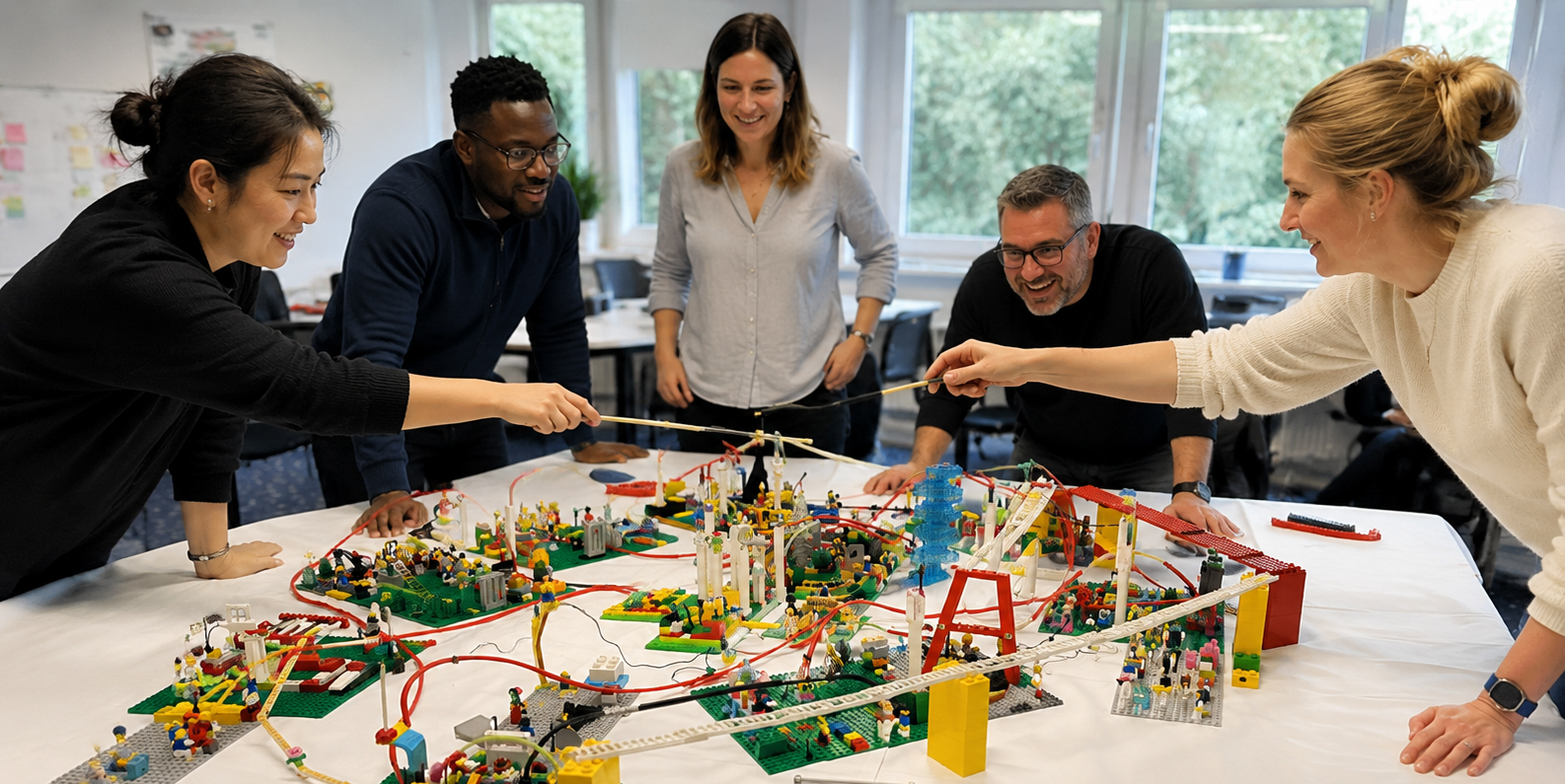 Workshop participants exploring a shared LEGO Serious Play landscape on a table.
