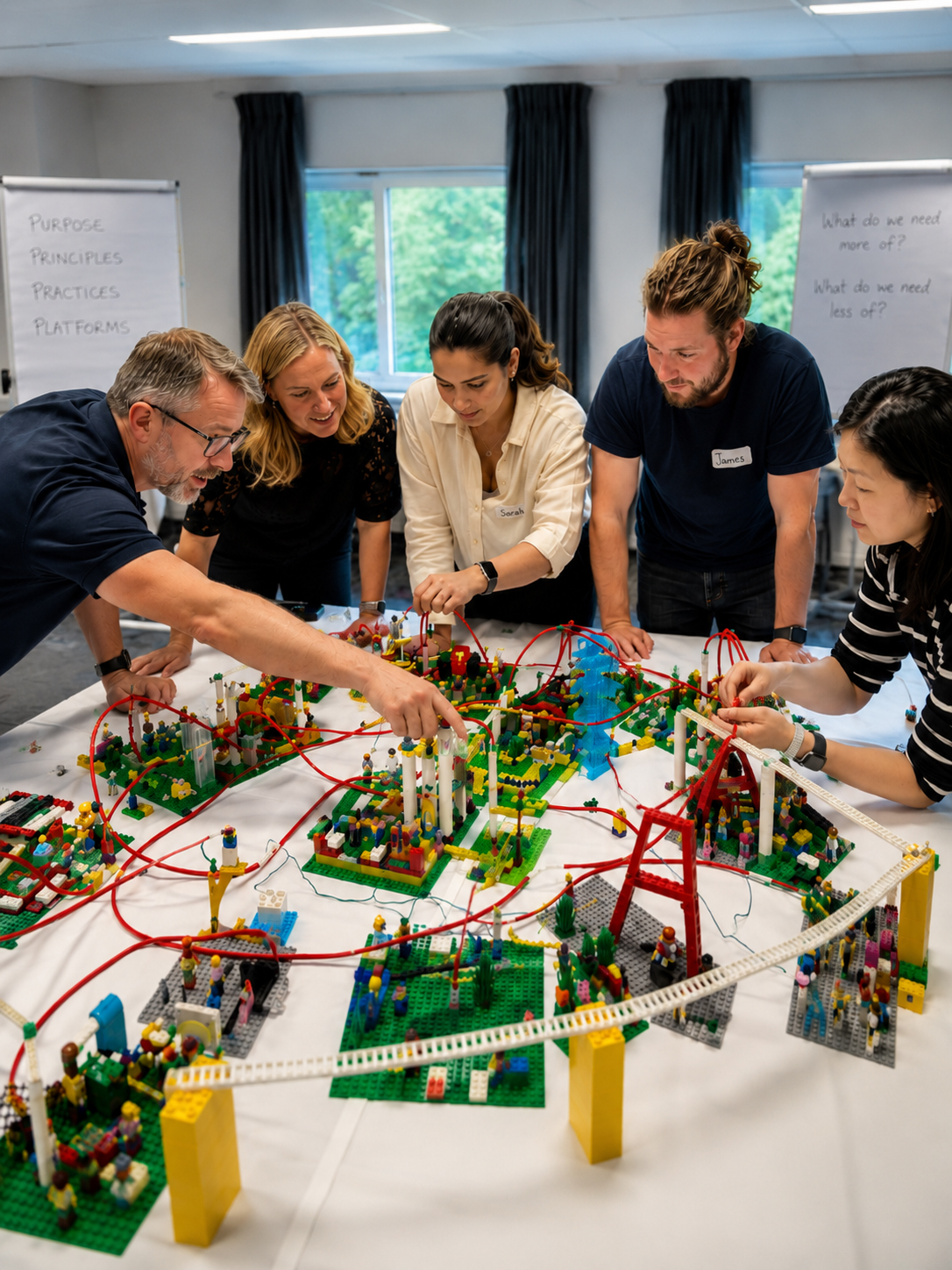 Team building a shared LEGO Serious Play model during a strategy alignment workshop.