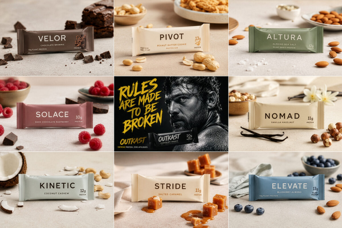 Grid of protein bar packaging concepts with one bold outlier ad, illustrating brand distinctiveness and the risk of optimized creative sameness.