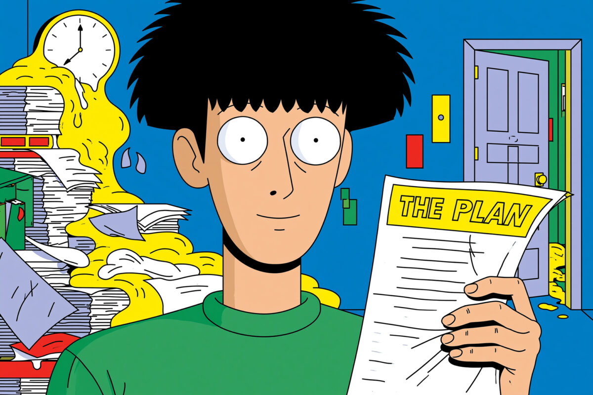 Illustration of a person holding a plan while reality collapses behind them, representing the gap between process and practice.