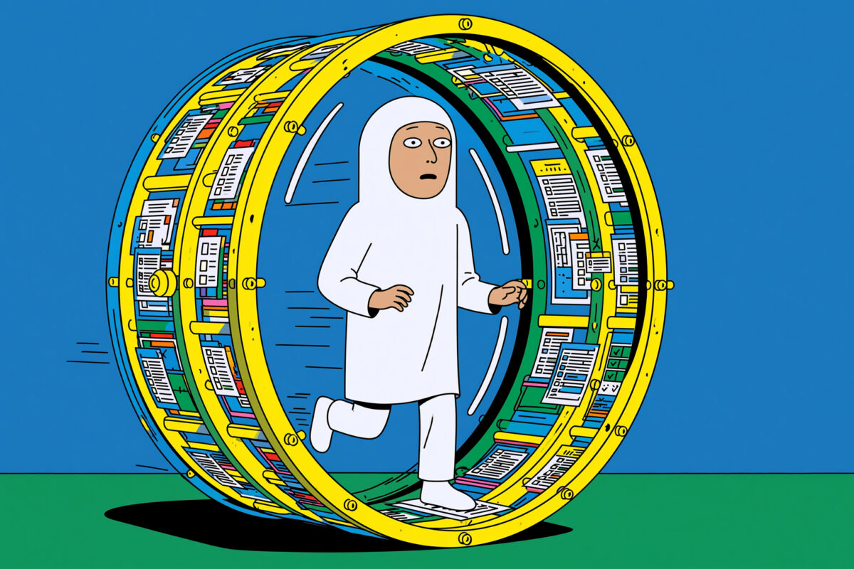 Person running inside a wheel made of forms and checklists, representing compliance drift and process without progress.