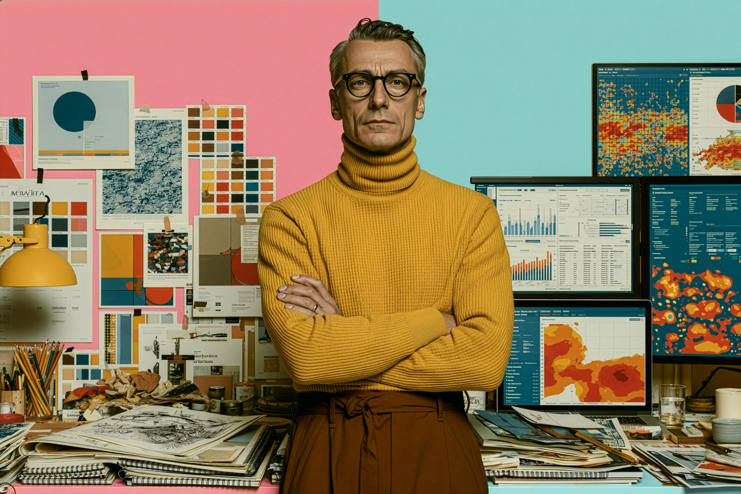 Creative director in a studio surrounded by design boards and analytics screens, representing creative judgment in data-informed creative direction.