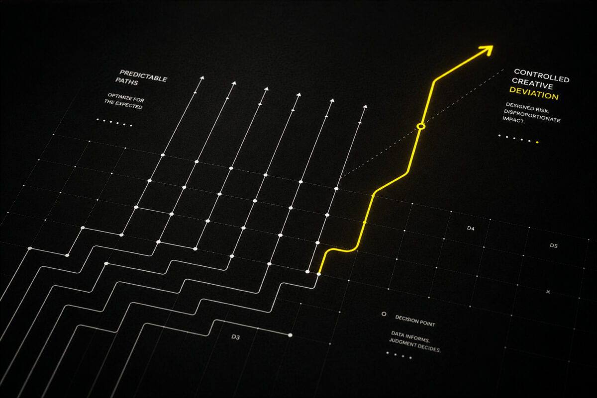 Abstract chart showing predictable creative paths in white and a yellow line breaking away to represent controlled creative deviation in data-informed creative direction.