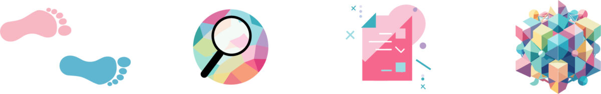 Abstract icons showing footprints, research, documentation, and complexity, representing how reality should enter a process early.