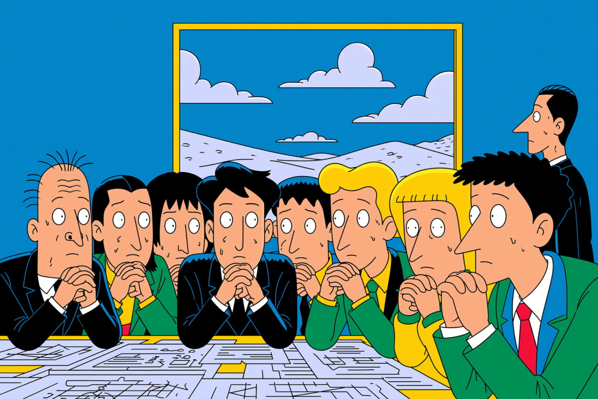 Group in a meeting room focused inward while a different reality exists outside the window, representing internal alignment disconnected from reality.