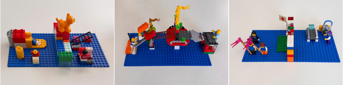 Triptych of three individual LEGO Serious Play models built on blue baseplates during a strategy workshop.