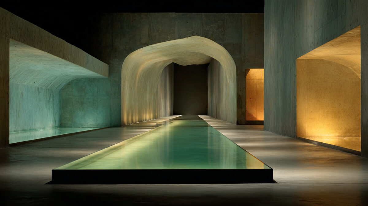 A long still reflecting pool runs through a dark concrete hall towards an arched vault, with alcoves lit green and amber.
