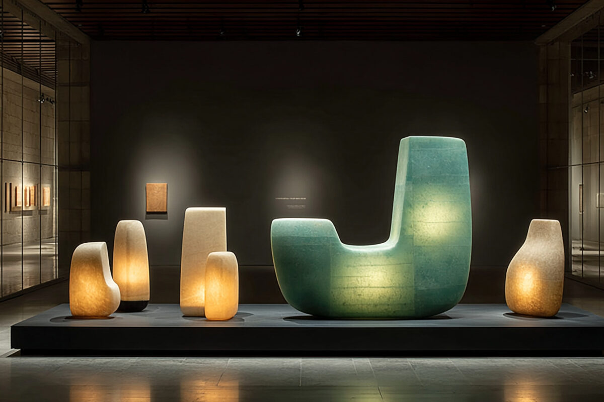 Six illuminated sculptural forms of different shapes stand on a low platform in a dark gallery, one large and green, the rest pale.