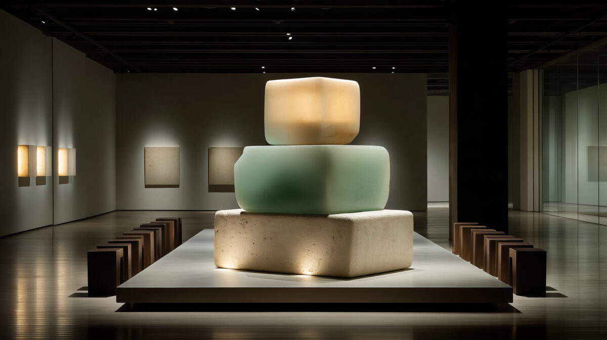 Three translucent stone-like blocks stacked on a lit plinth in a dark gallery, glowing from within, benches on either side.