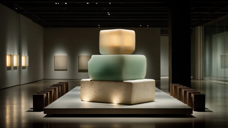 Three translucent stone-like blocks stacked on a lit plinth in a dark gallery, glowing from within, benches on either side.