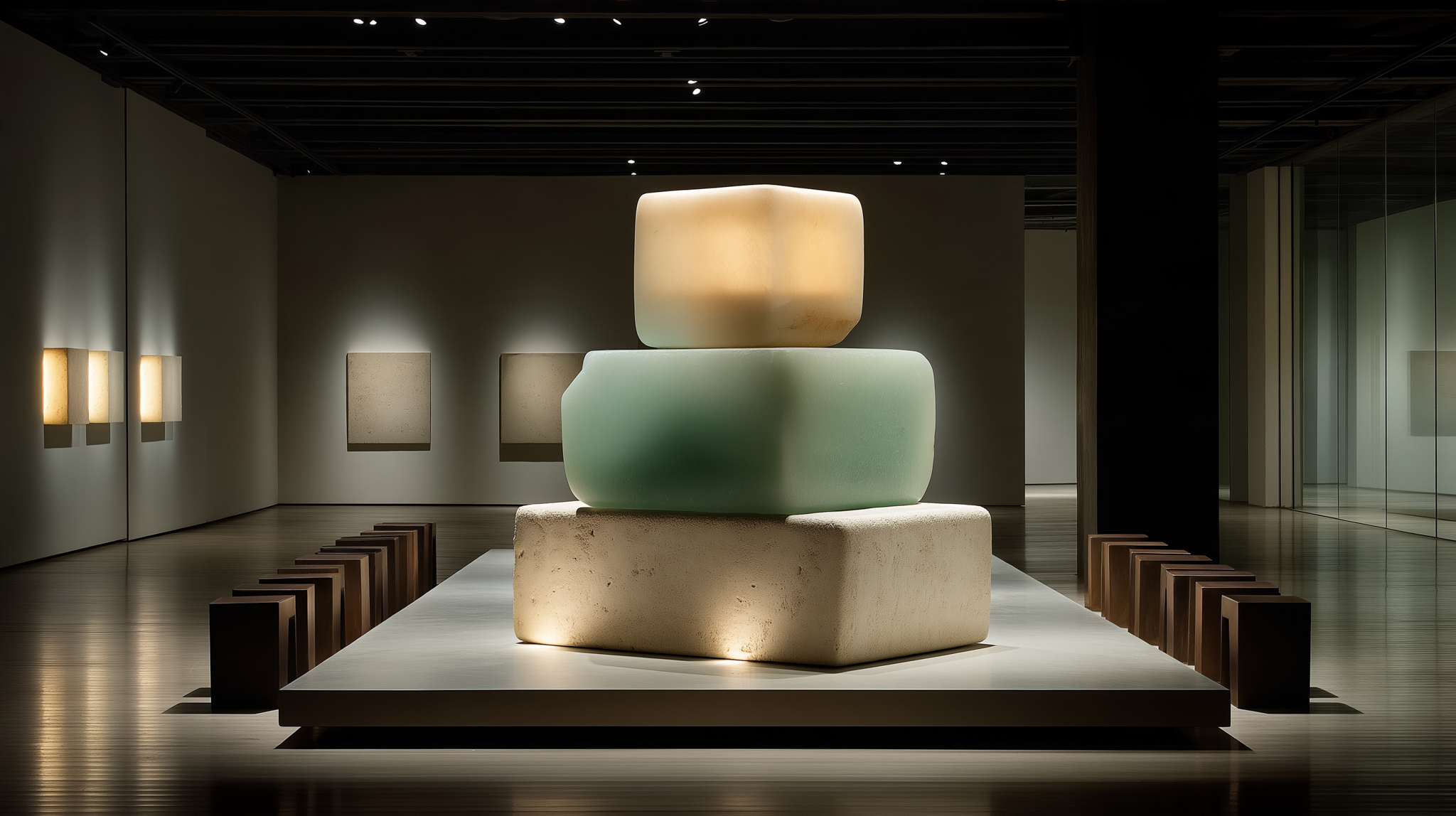 Three translucent stone-like blocks stacked on a lit plinth in a dark gallery, glowing from within, benches on either side.