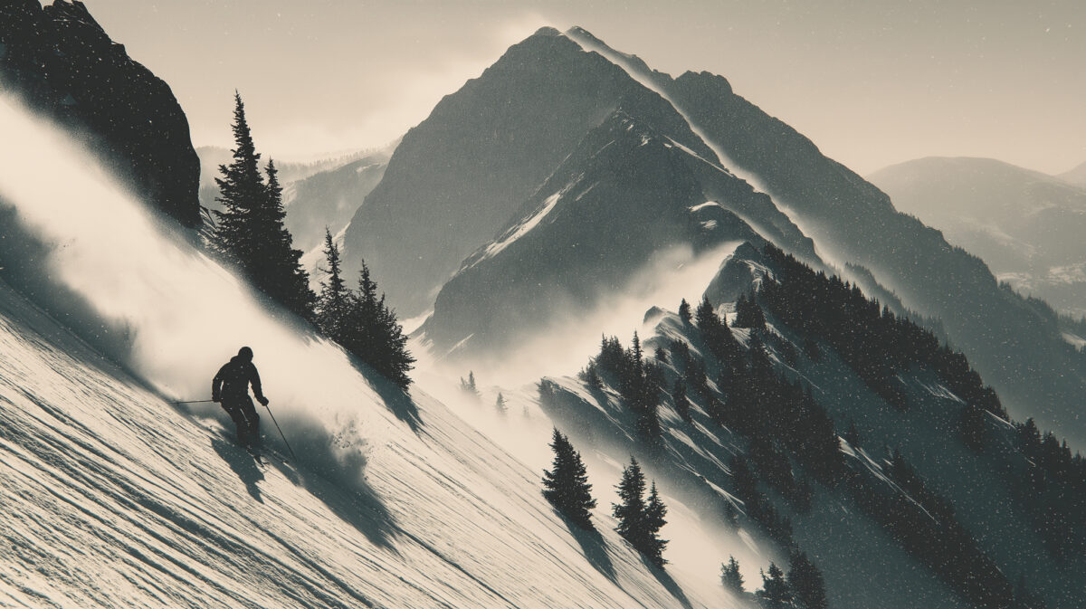 A lone skier in silhouette descending a steep snowfield, spray trailing behind, a large mountain ridge in haze beyond.