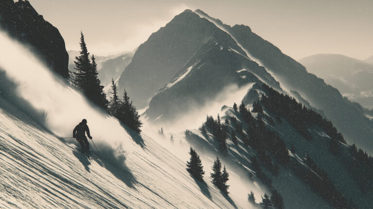 A lone skier in silhouette descending a steep snowfield, spray trailing behind, a large mountain ridge in haze beyond.