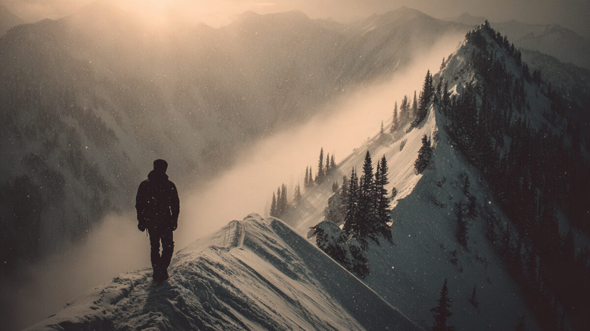 A lone figure in silhouette stands on a snow-covered ridgeline, looking out over mist-filled valleys and distant peaks.