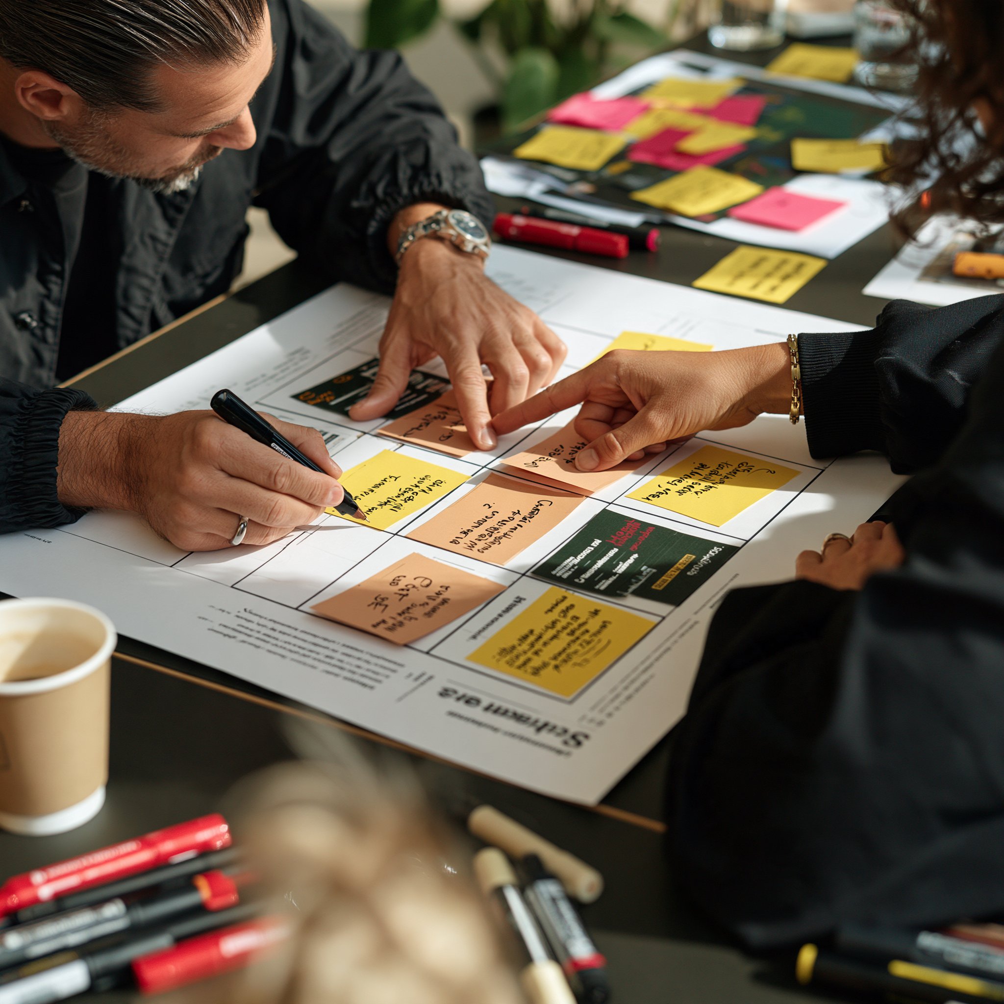 Two people placing and writing cards on a business model canvas grid