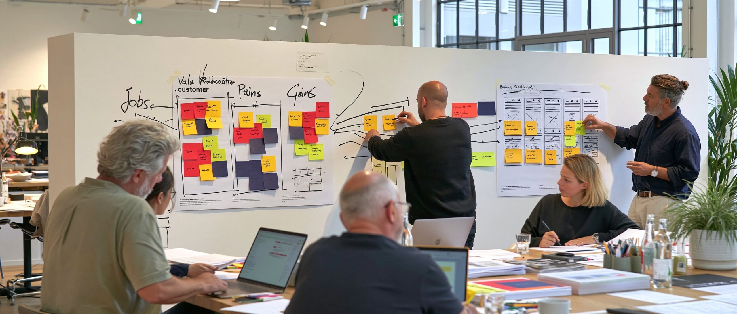 Team connecting a value proposition canvas to a business model canvas on a workshop wall