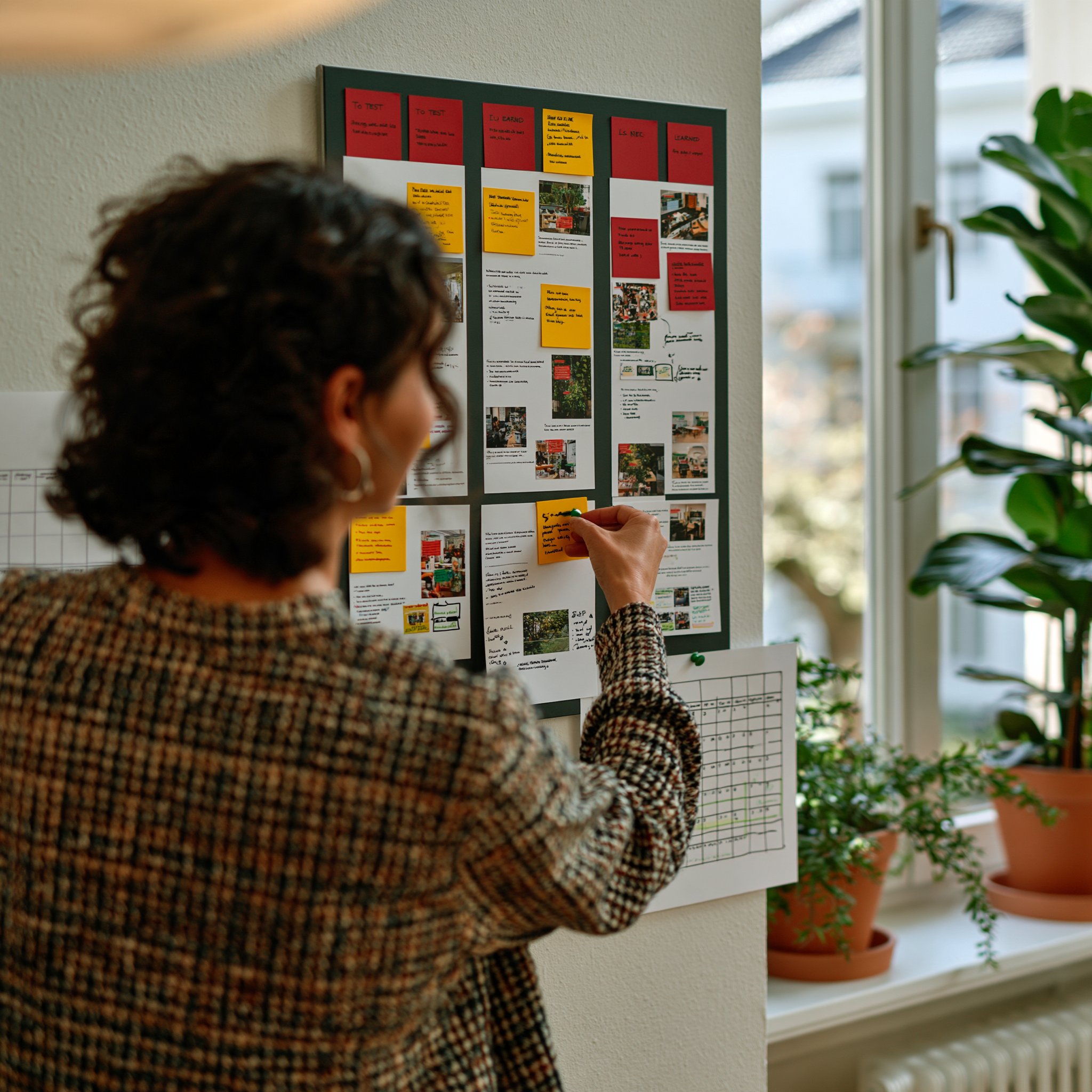 Woman pinning a card to an experiment board with to-test and learned columns