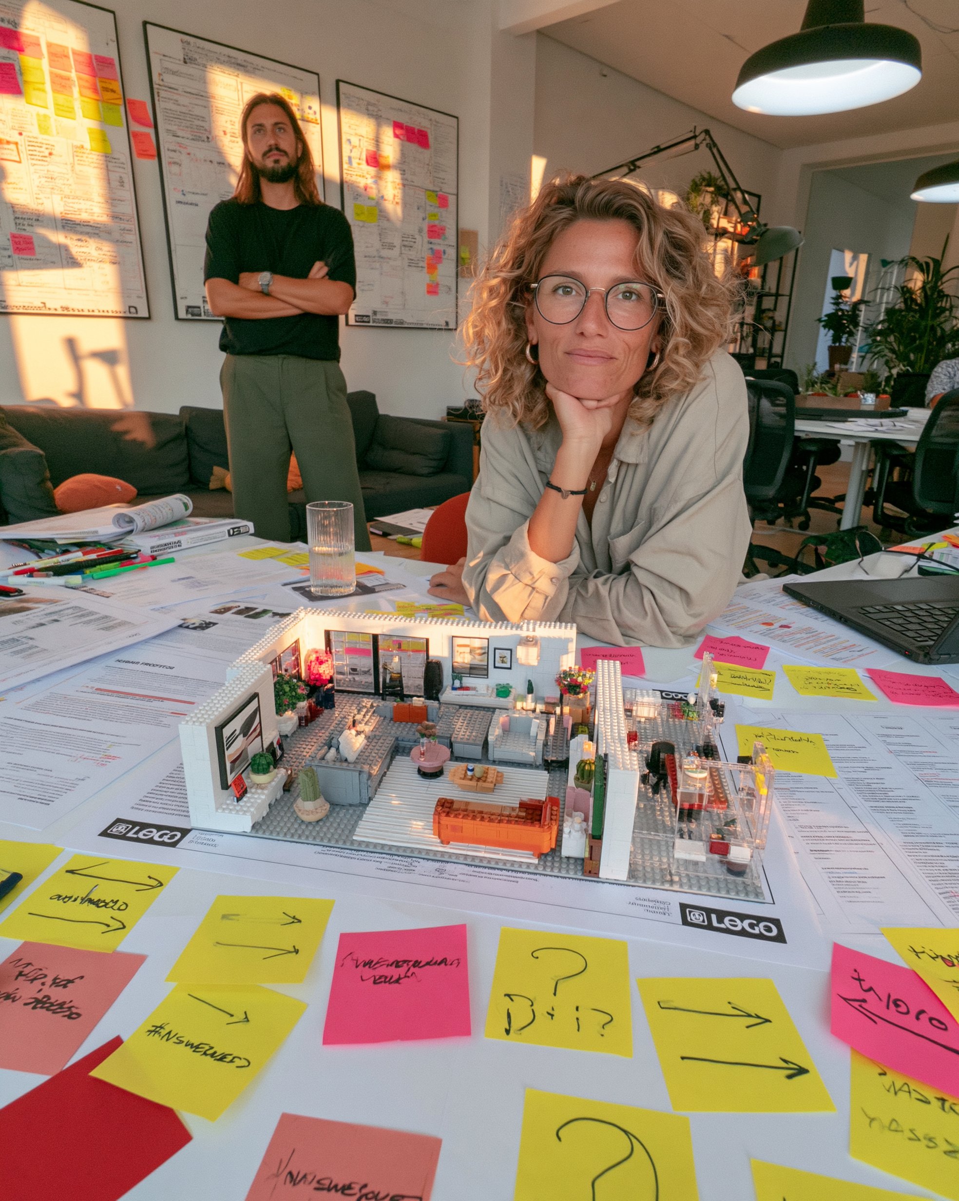 Founder resting her chin on her hand behind a detailed product prototype surrounded by question-mark notes, while a colleague watches with arms crossed