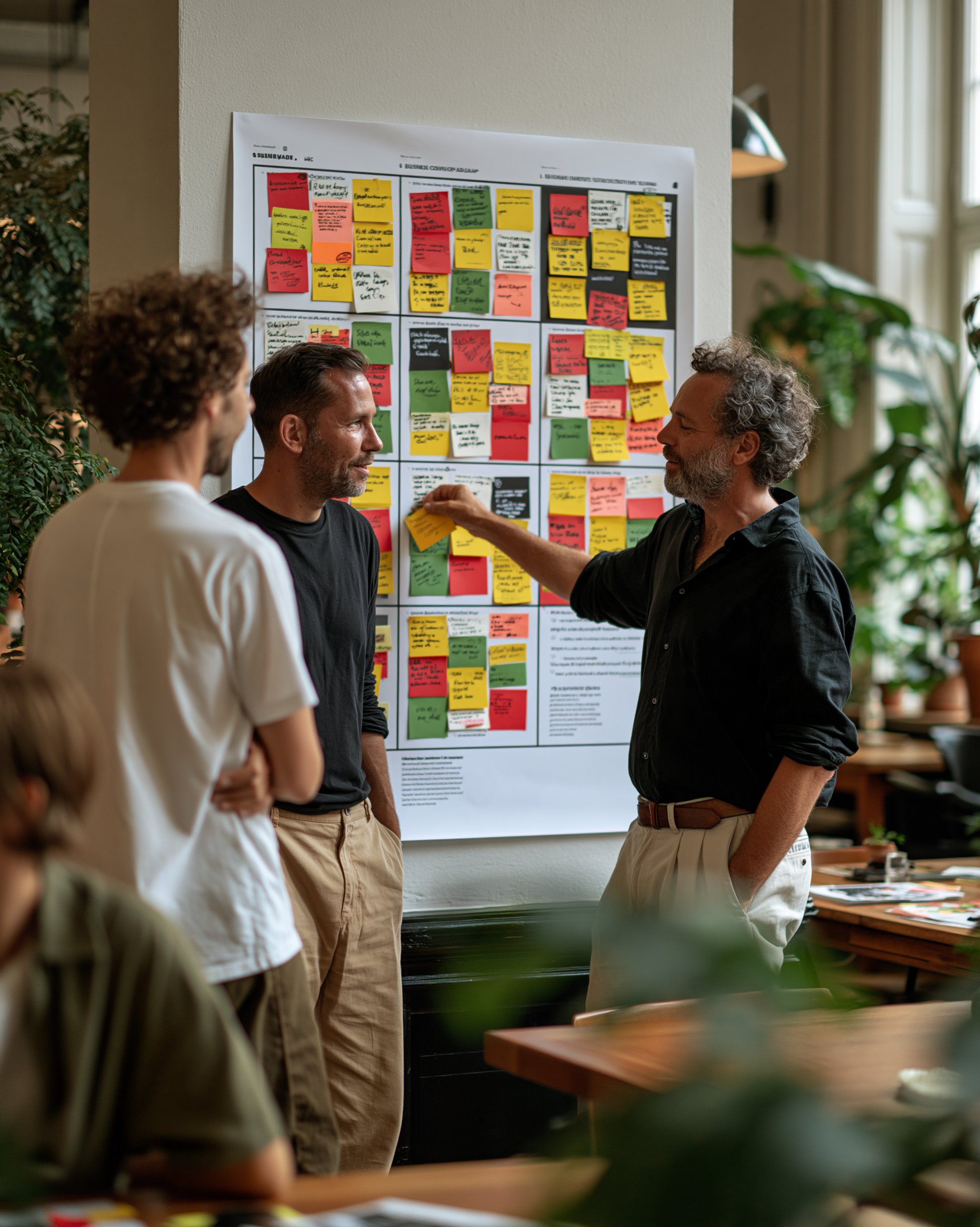 Founders discussing sticky notes on a large business model canvas during a workshop