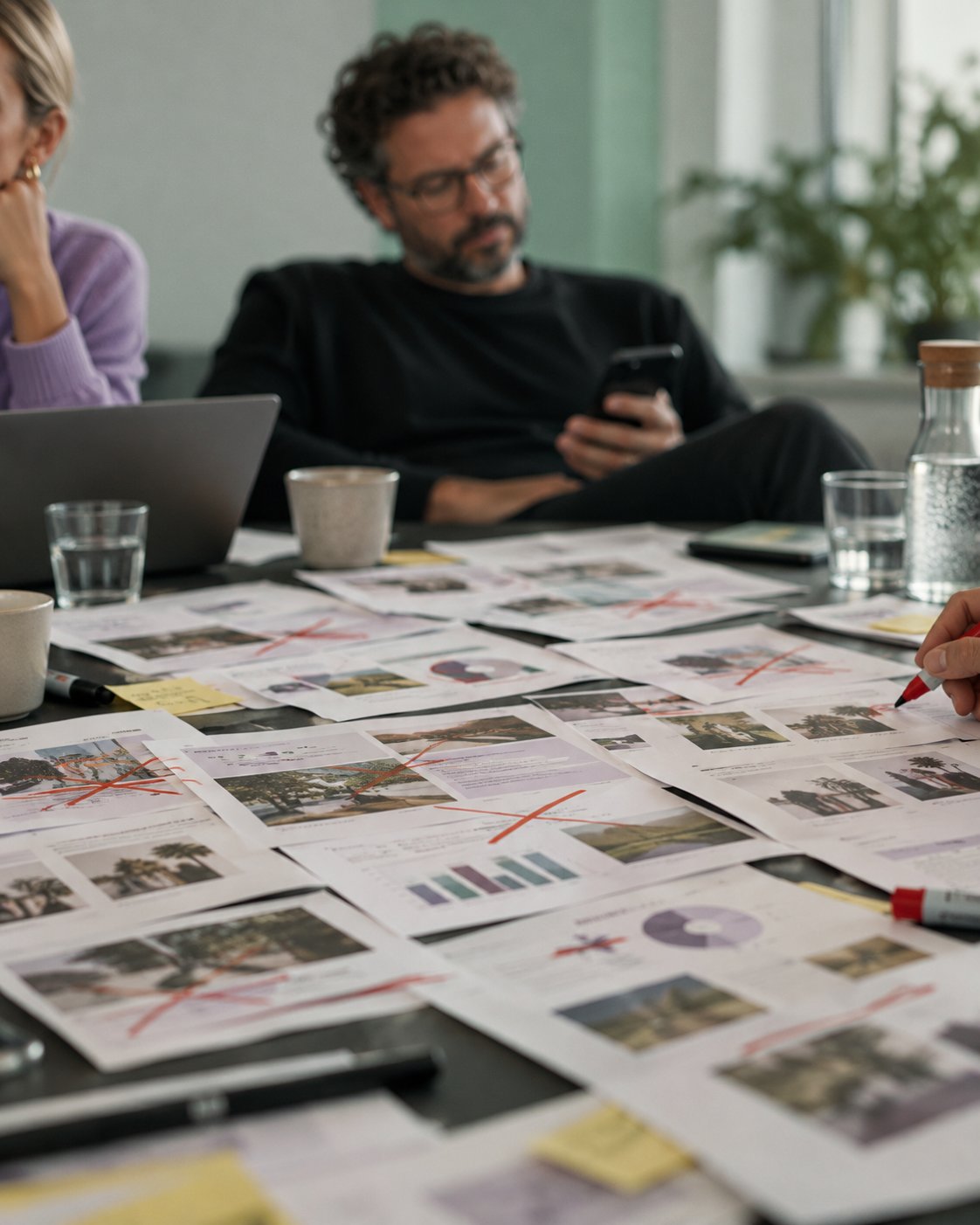 Table covered in printed pitch slides crossed out in red while a man in the background looks at his phone