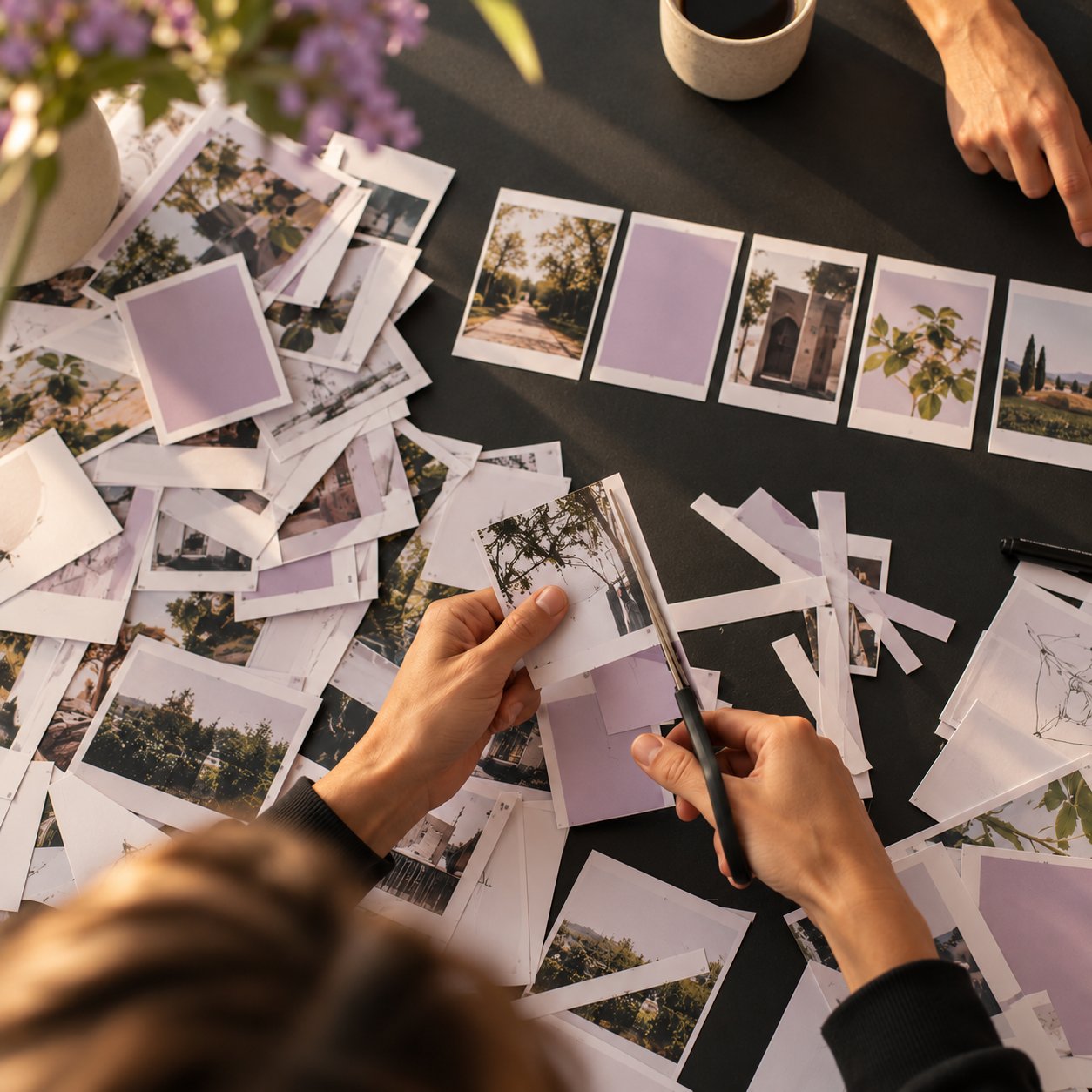 Hands cutting printed images with scissors next to a short row of chosen prints