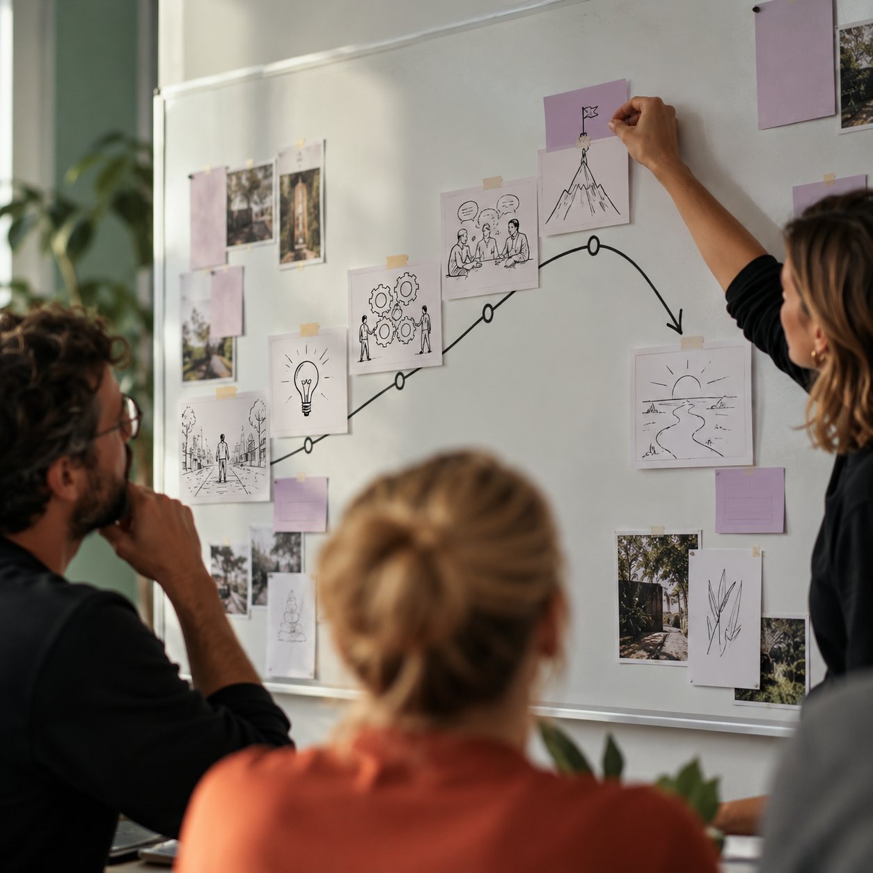 Woman placing a card at the peak of a narrative arc of sketches on a whiteboard while colleagues watch