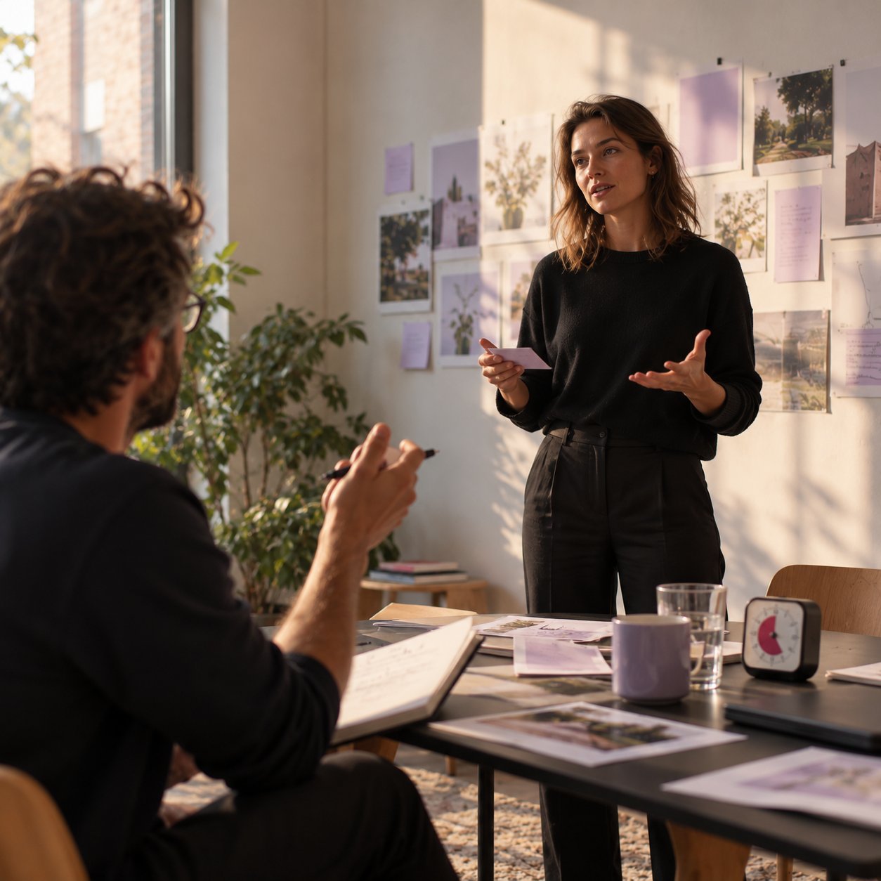 Founder rehearsing a pitch while a coach gives feedback, with a timer on the table