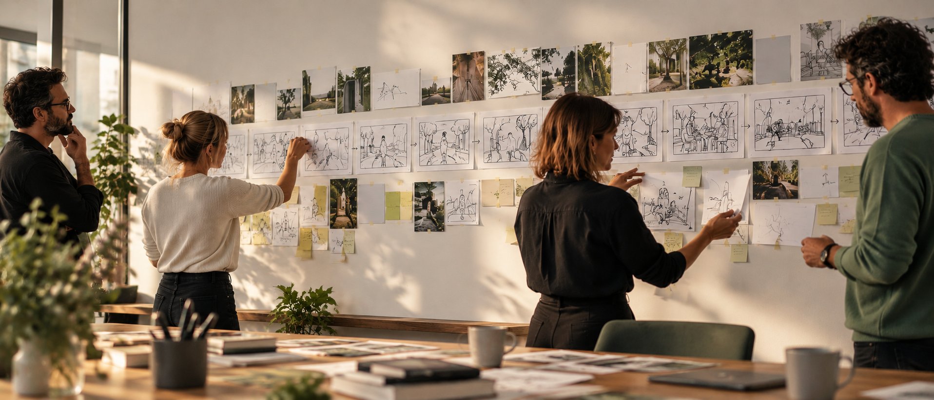 Team arranging hand-sketched storyboard frames along a wall to shape the pitch narrative