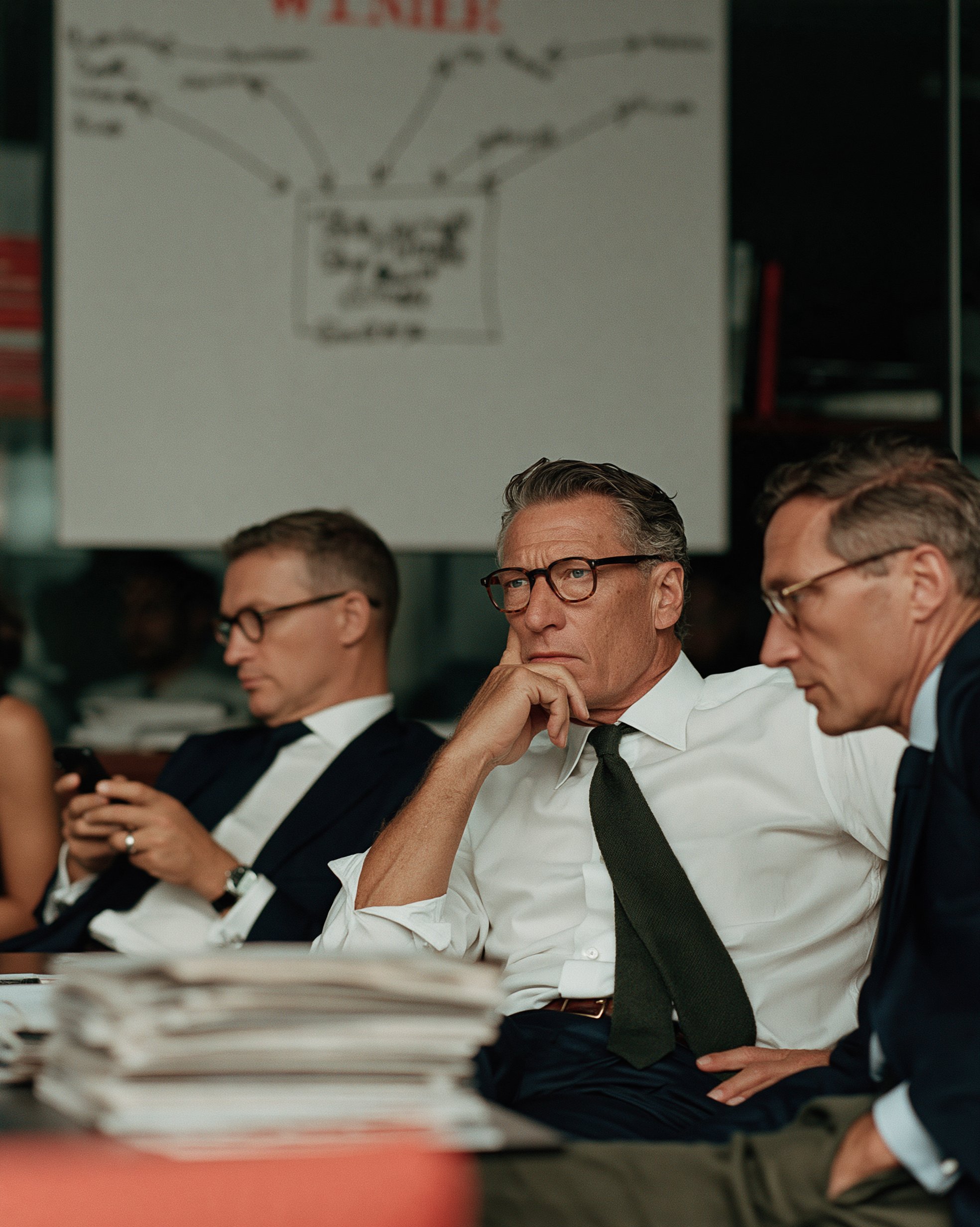Leaders stuck around a stack of documents, illustrating a decision bottleneck