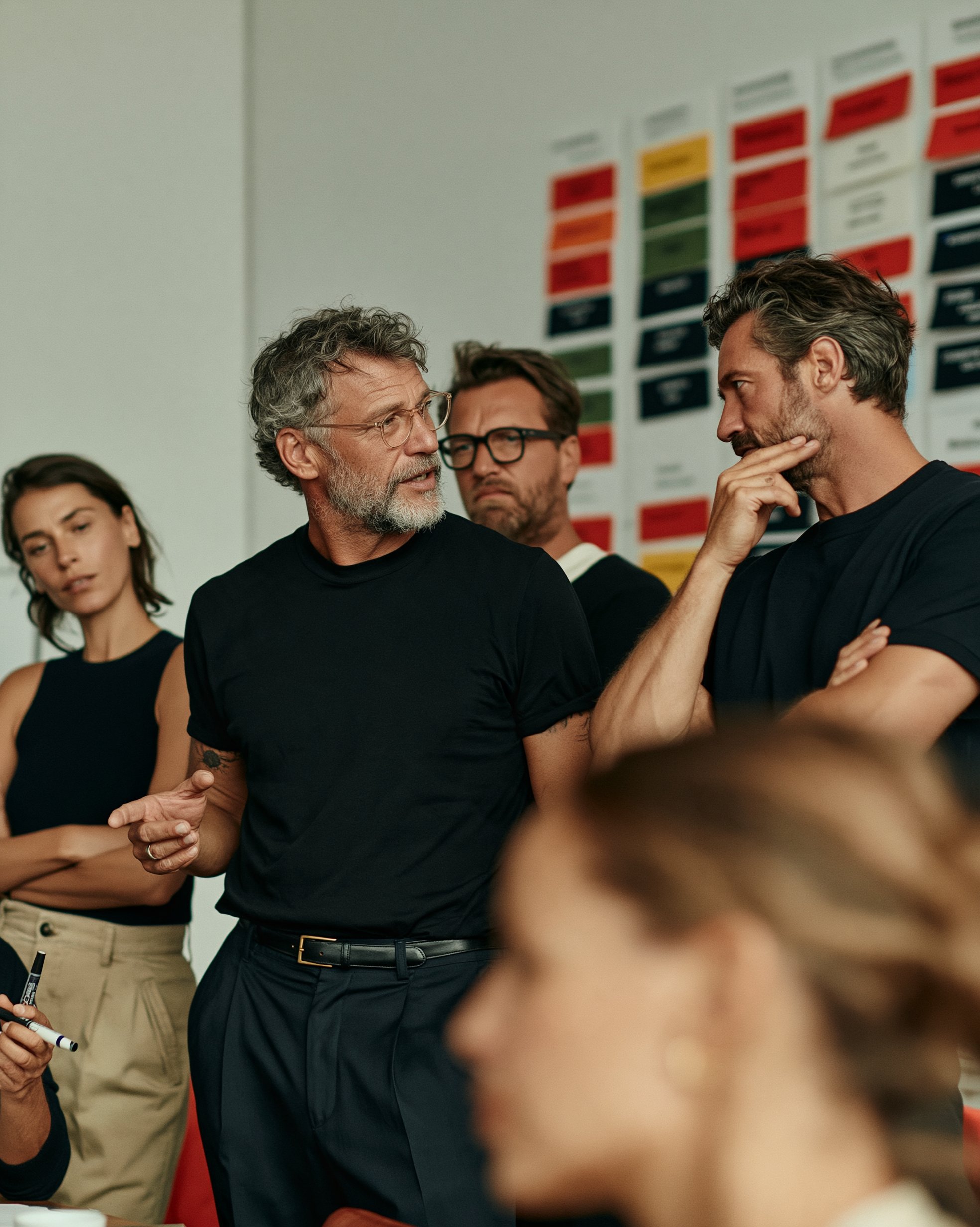 Leadership team discussing colour-coded decision cards during a decision-making workshop