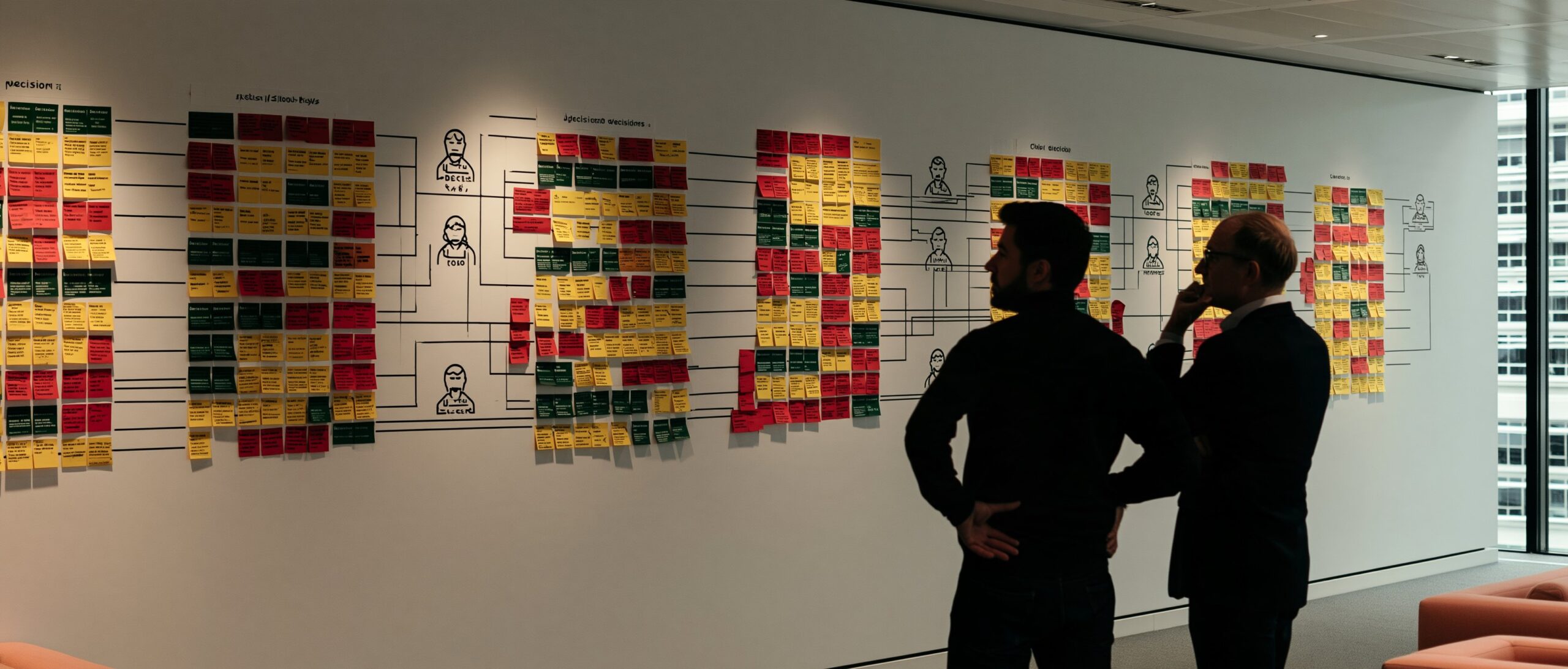 Wall-sized decision map with colour-coded cards and leaders discussing it