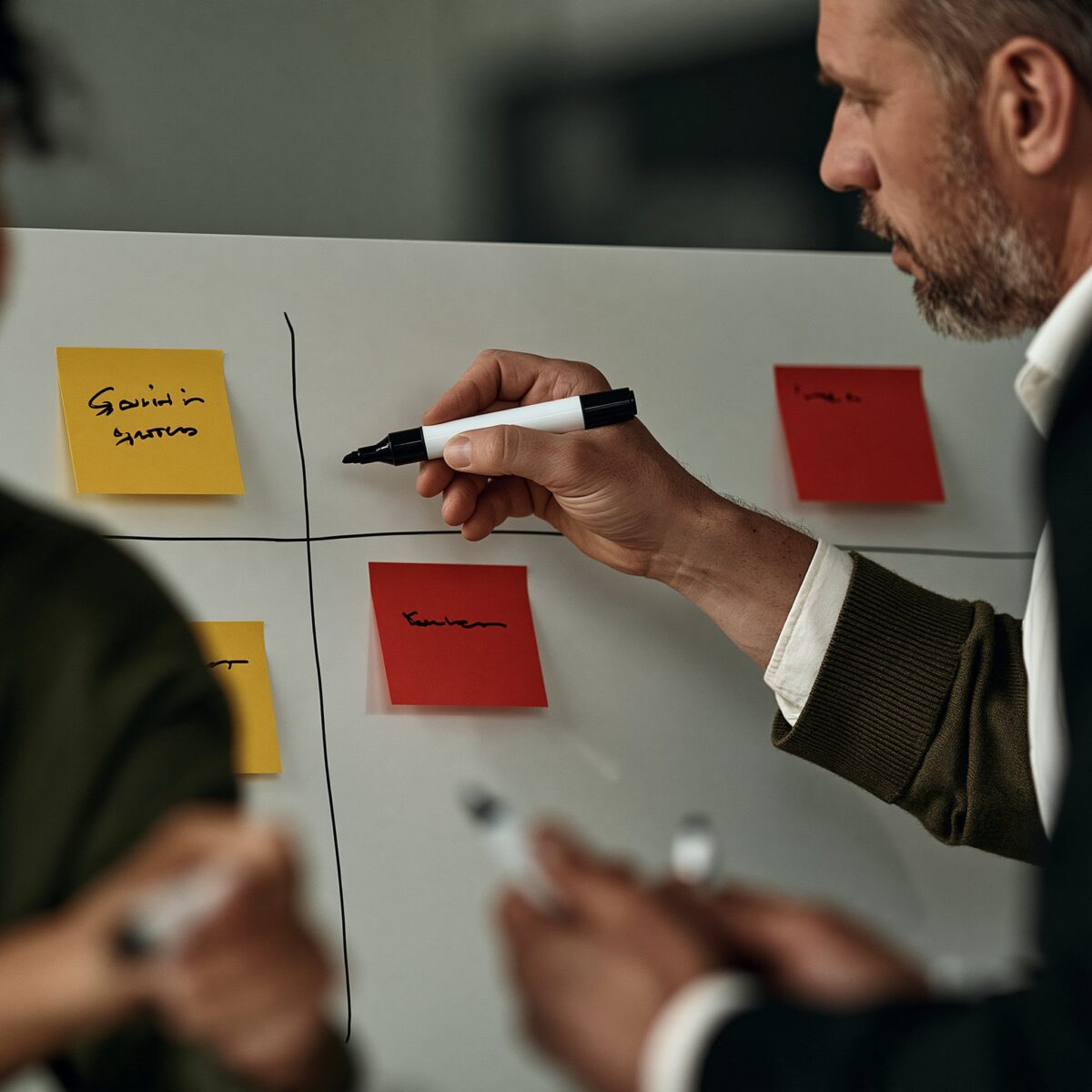 Hand drawing on a decision matrix with sticky notes during a leadership workshop