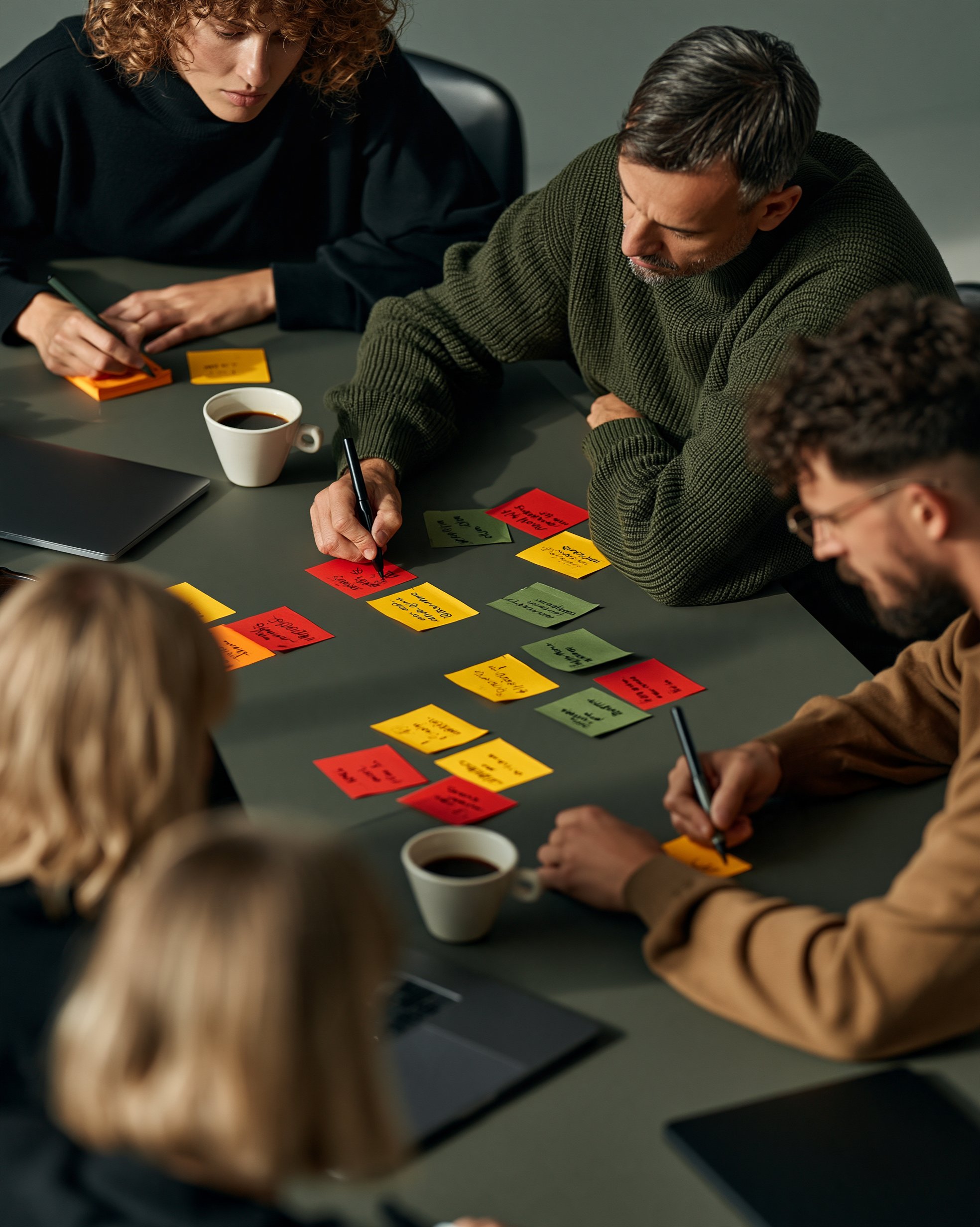 Team members writing separate sticky notes that do not connect, showing strategic misalignment