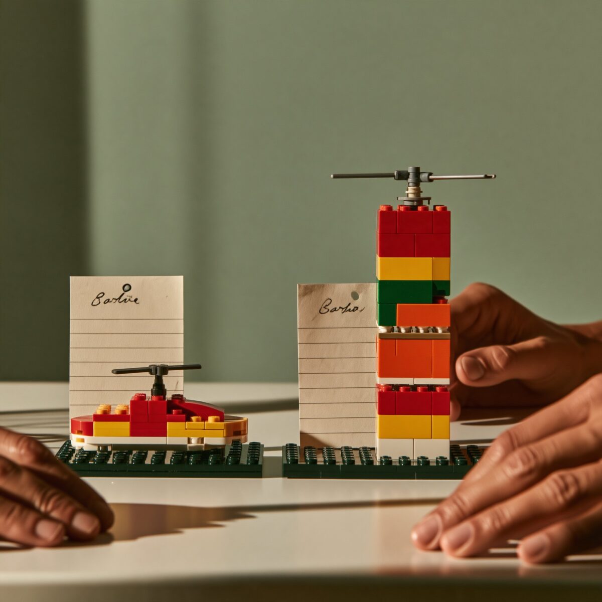 Two individual brick models showing different perspectives in a strategy workshop