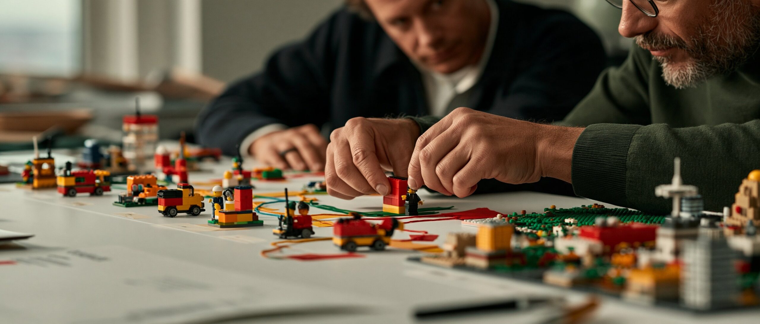 Individual brick models connected into one shared landscape on a workshop table