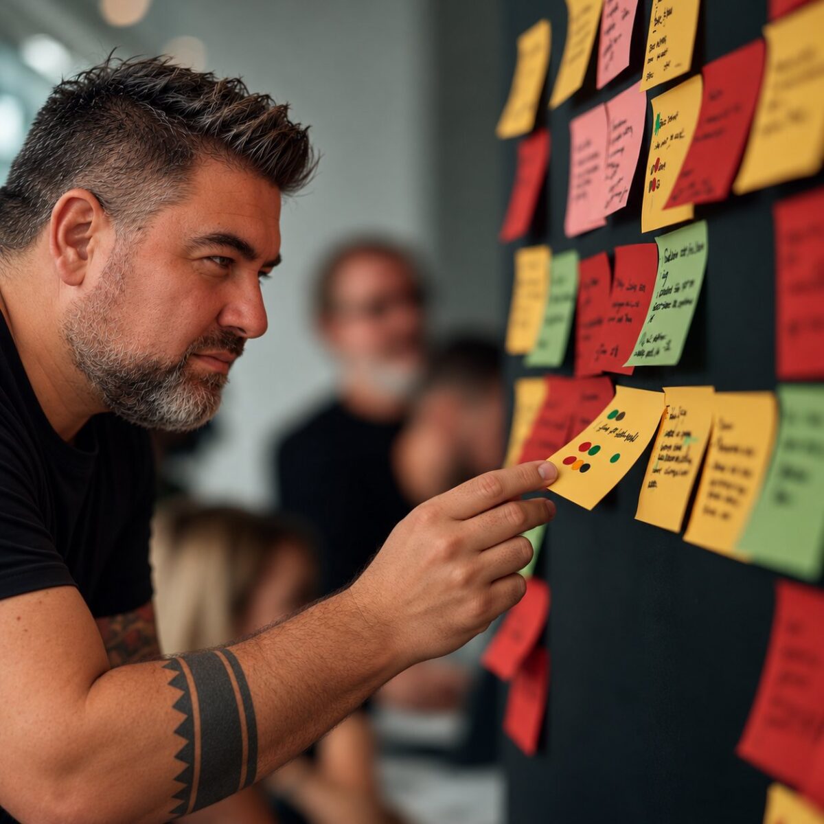 Facilitator moving a sticky note into a priority column during strategy prioritisation
