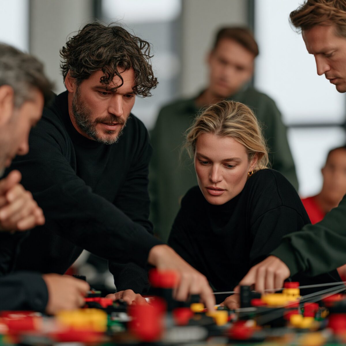 Cross-functional team discussing connections in a shared brick landscape