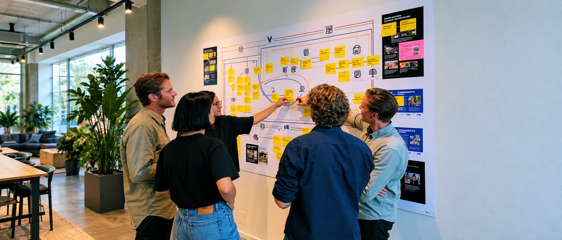 Team tracing connections on a large ecosystem map during a sustainability workshop