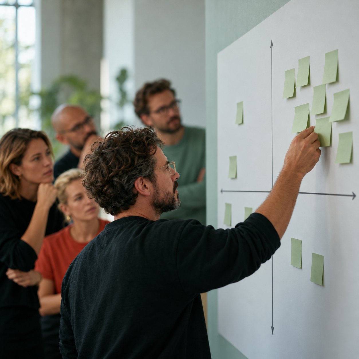 Participant placing a sticky note in the top-right quadrant of an impact and feasibility grid