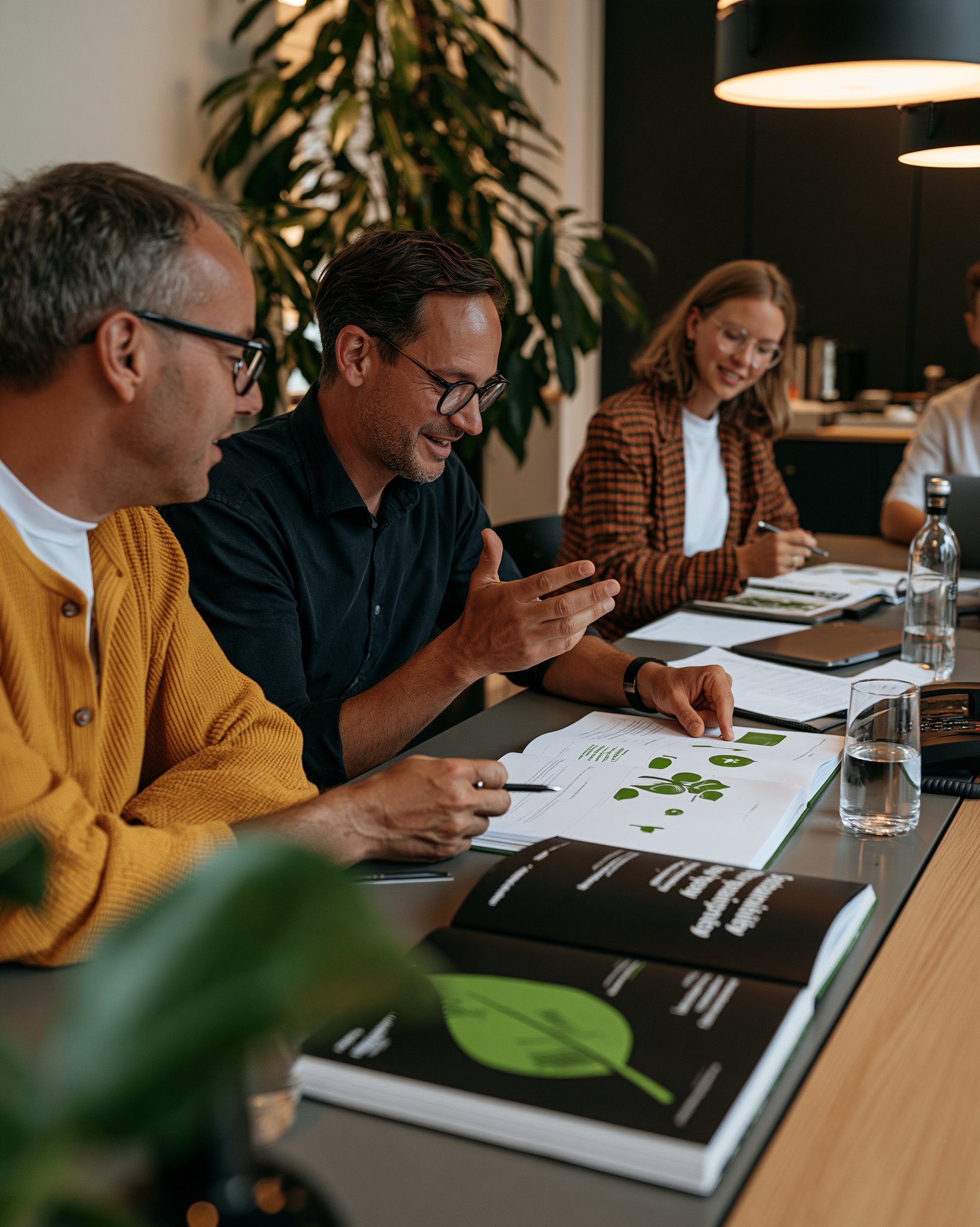 Colleagues talking in a strategy meeting with a sustainability report lying open on the table