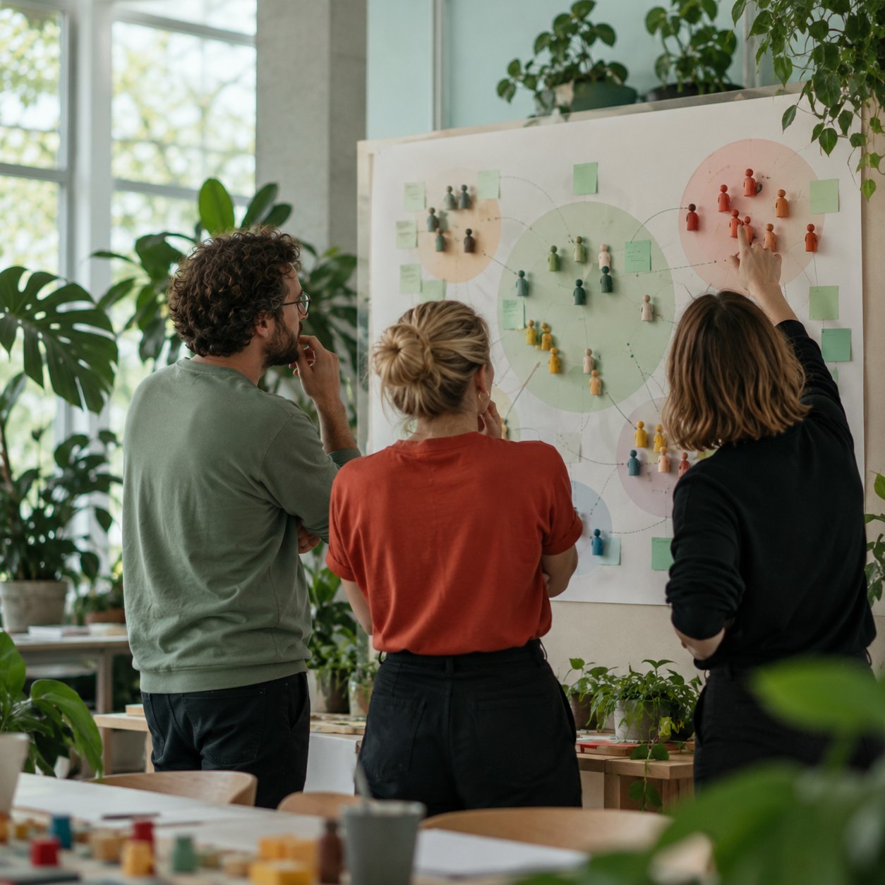Participants placing figures on a large stakeholder map in a room full of plants