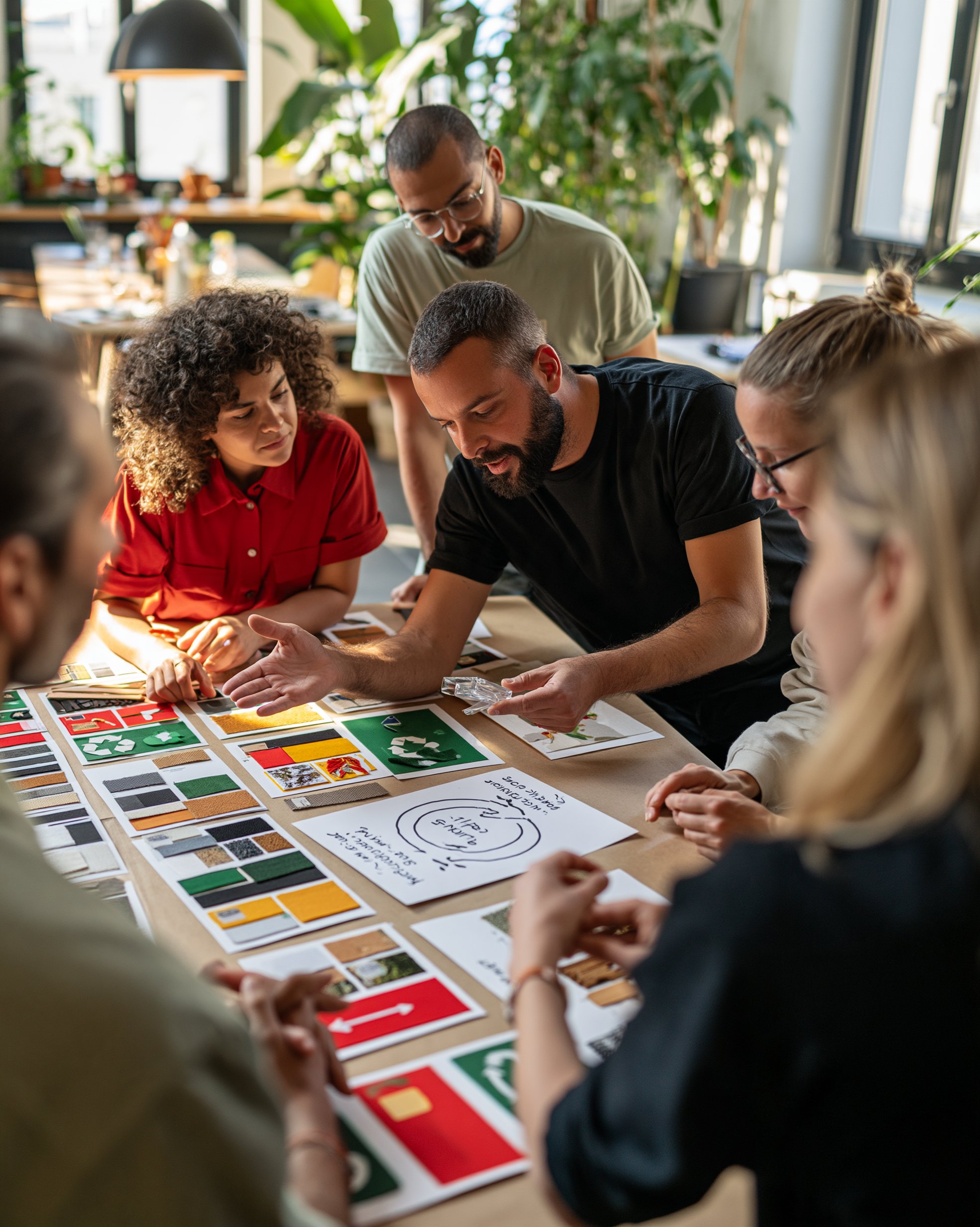 Team discussing recycled material samples and a hand-drawn circular loop diagram during a sustainability strategy workshop