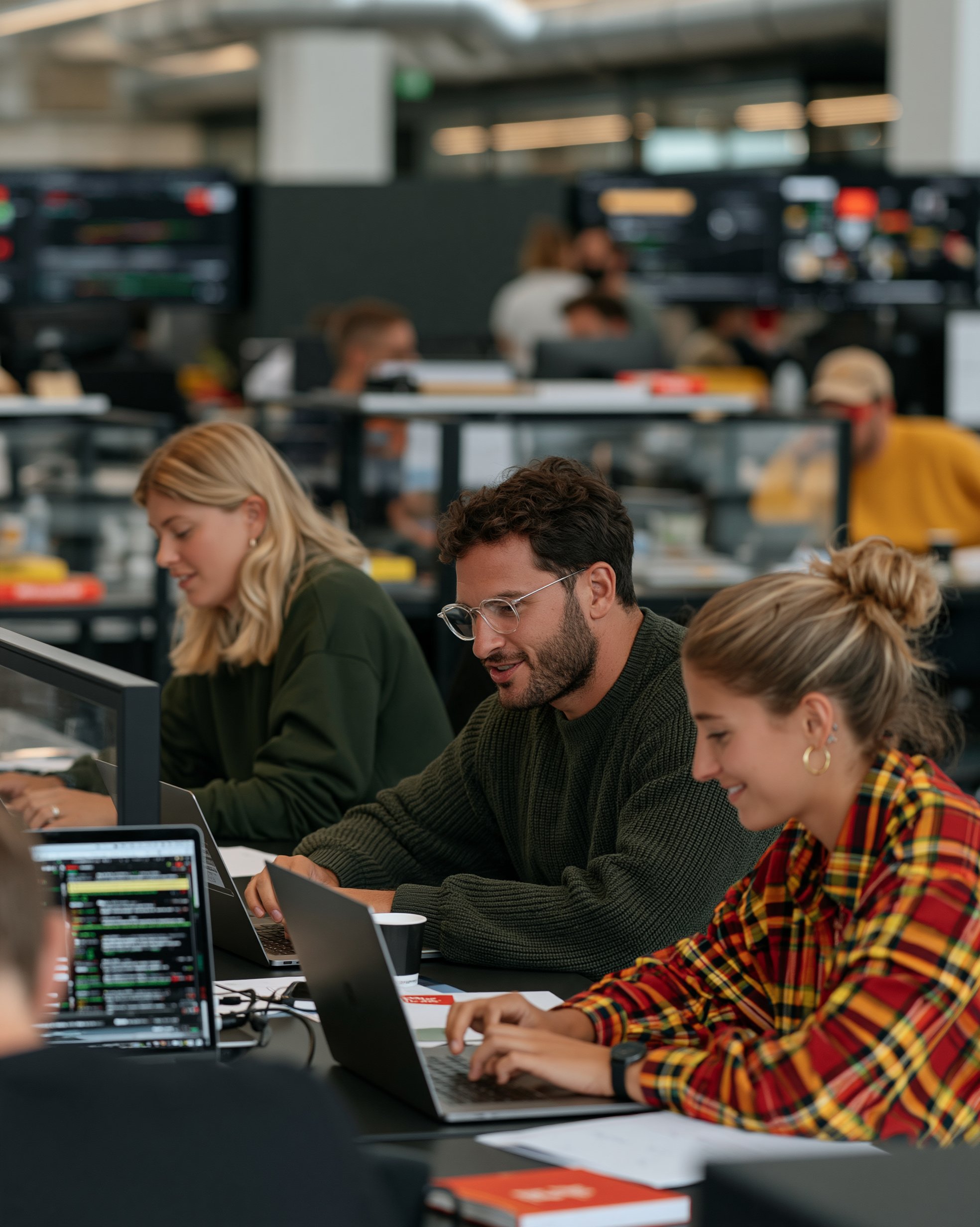 Colleagues working side by side at a long table, each focused on their own laptop