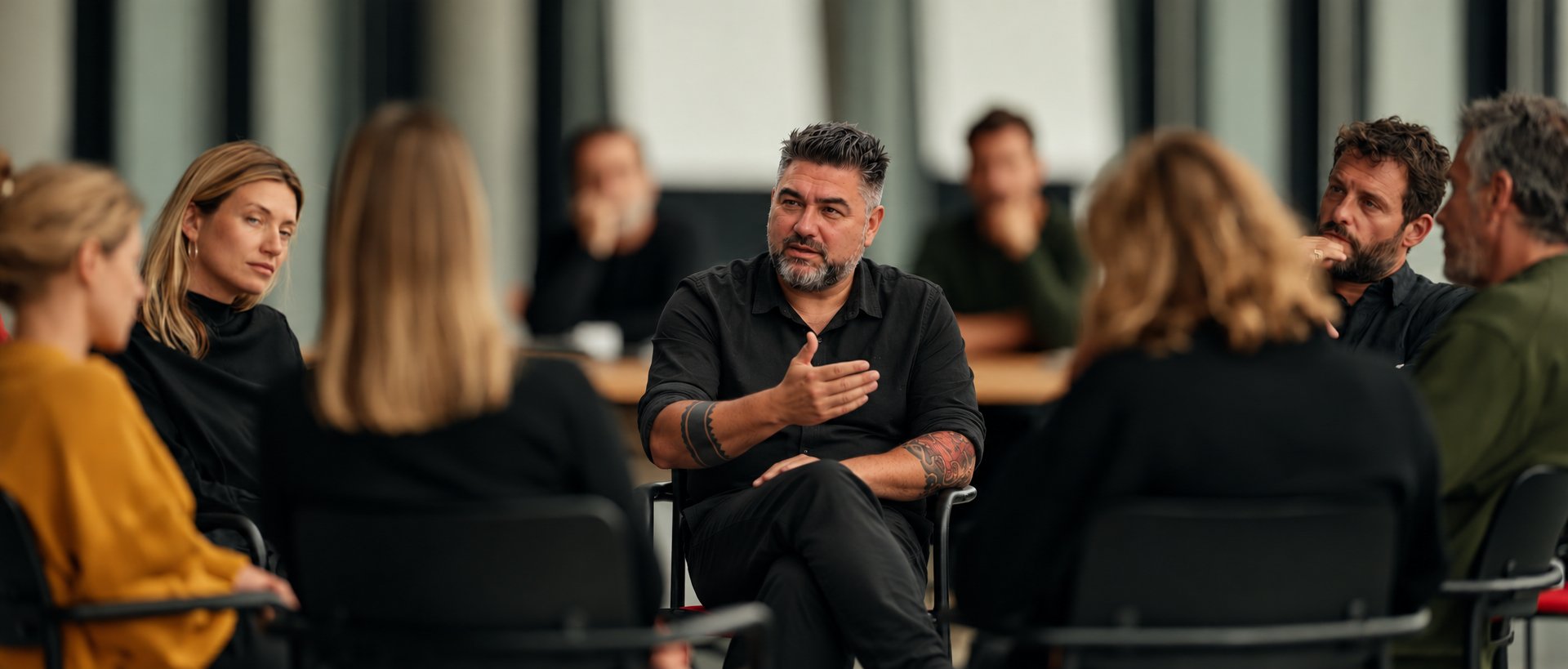 Team seated in an open circle listening to the facilitator during a trust-building workshop